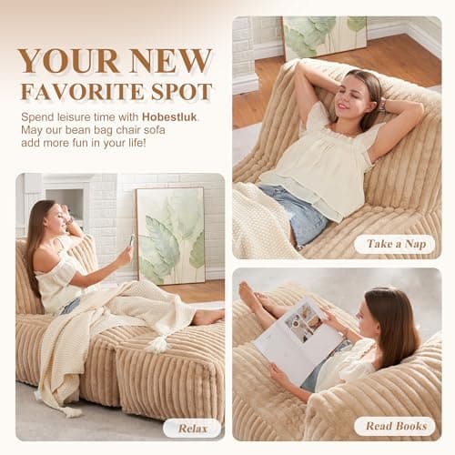 Hobestluk Large Bean Bag Lounger Chair with Memory Foam (Khaki)