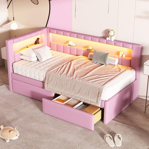 Twin Size White Daybed with Trundle and L-Shaped Bookshelf Headboard for Kids Boys Girls