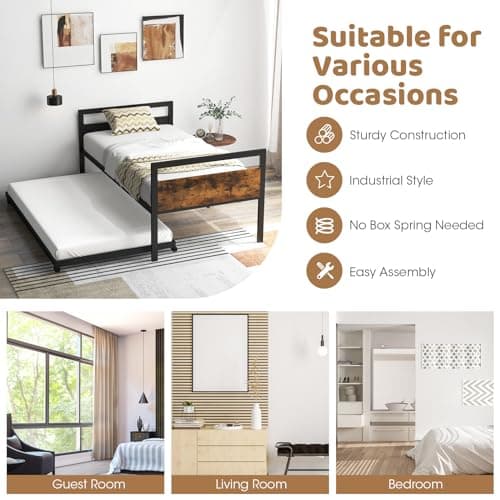 Giantex Rustic Brown Metal Day Bed with Trundle Support