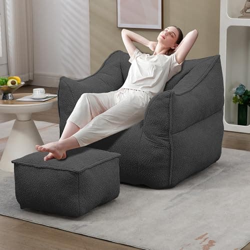 Light Blue Chenille Bean Bag Chair with Armrests & Back Support