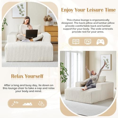 Beige Oversized Chaise Lounge Chair with Armrests & Pillows, Modern Couch for Living Room, Bedroom, Office