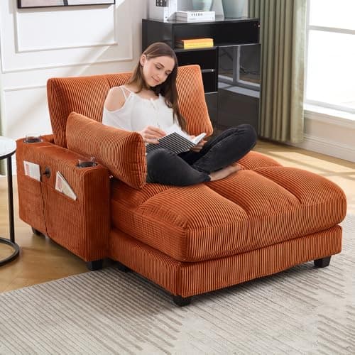 91" Orange Oversized Chaise Lounger with USB & Cup Holder for Living Room/Bedroom