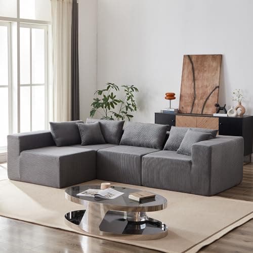 Modern Grey L-Shaped Cloud Flannel Sectional Couch, 4-Seater Modular Lounge