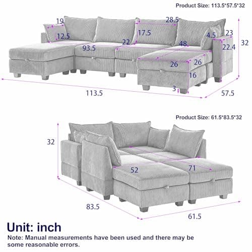 Antetek U-Shaped Sleeper Sofa Bed with Storage Ottoman, 6-Seat Corduroy Couch