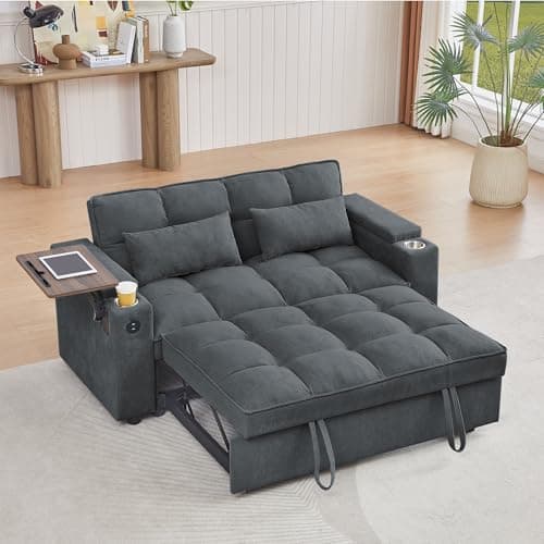 65" 3-in-1 Folding Sofa Bed, Chenille Fabric, 360° Swivel Table, Grey