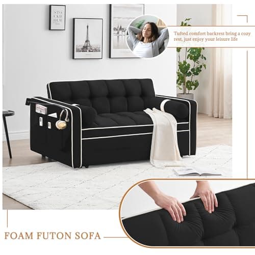 Upgraded Sleeper Sofa Couch Bed with Phone Holder, Small Modern Convertible Loveseat Futon Sofa w/Pullout Bed, Adjustable Backrest, Black