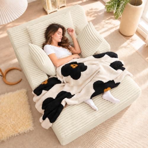 49" Chaise Lounge Indoor, Oversized Chaise Lounge Chair with 3 Comfy Pillows for Living Room Bedroom, Wide Arms Corduroy Fabric High-Density Foam No Assembly Required (White)