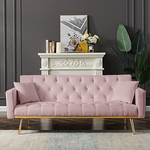Golden Tapered Metal Legs, Pink 73-inch Reclining Velvet Futon Sofa Bed