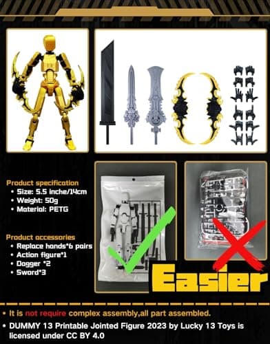 T13 Collectible 3D Printed Action Figure, Gold Black, Desktop Decor, Dummy 13 Robot