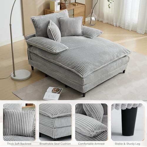 55” Grey Corduroy Comfort Chaise Lounge with 3 Throw Pillows (4-Position Adjust)