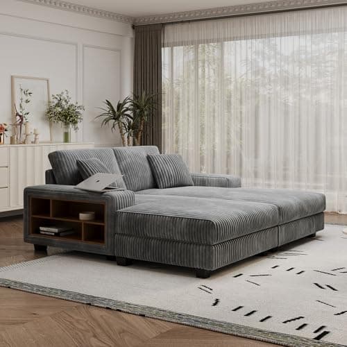 Oversized Modern Grey Corduroy Chaise Lounge Sleeper Couch with Storage Armrests