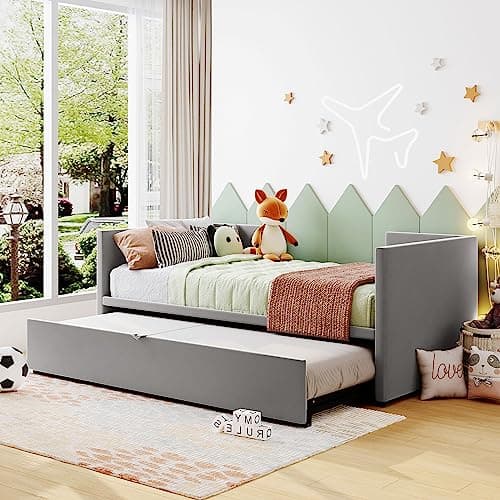 Harper & Bright Designs Grey Tufted Wood Slat Twin Daybed with Extendable Trundle