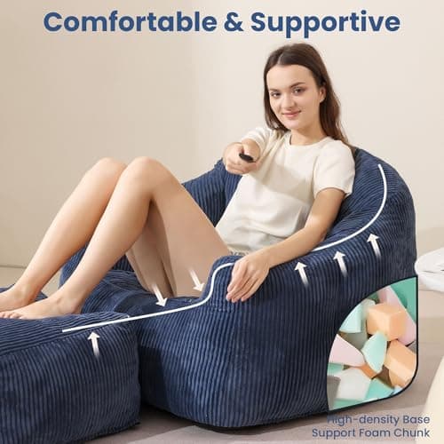 Oversized Plush Bean Bag Chair with Ottoman & Armrests, Cozy Reading Chair, Blue