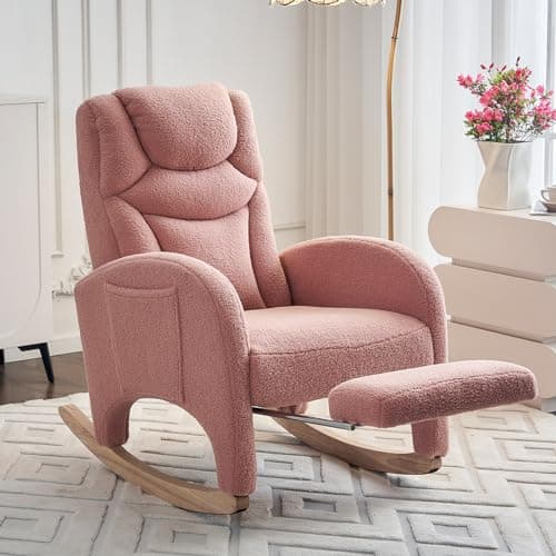 FOXHUNTER Modern Glider Chair with Footrest & Solid Wood Legs, High Backrest & Side Pocket, Teddy Ivory