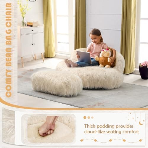 Modern Fluffy Bean Bag Chair with Ottoman, Beige