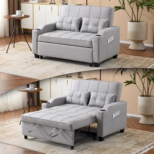 VINGLI Light Green Faux Leather Pullout Sofa Bed with USB Ports
