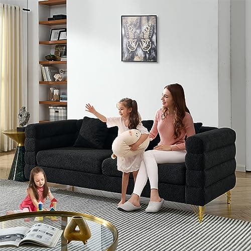 Modern Black Teddy Fabric Love Seat Sofa with Square Arms & Metal Legs for Living Room