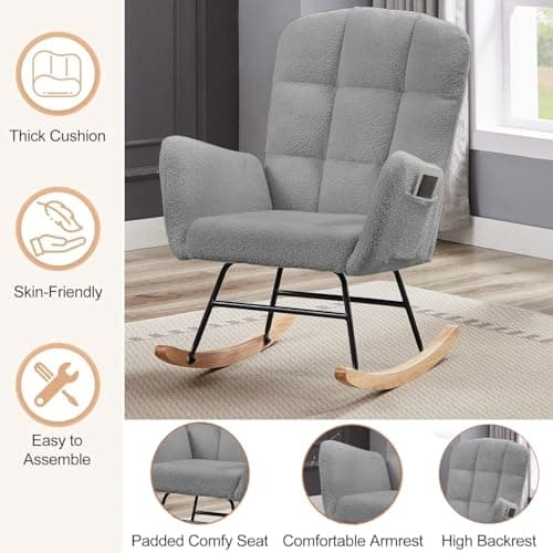 Grey Teddy Upholstered Glider Rocking Chair - Nursery & Living Room Accent