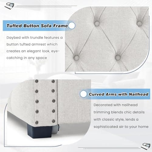 Antetek Modern Upholstered Full-Size Daybed with Trundle for Bedroom and Living Room (Beige)
