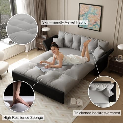 Luxury Grey 74.8" Pull Out Sofa Bed Velvet Couch (RV, Living Room)