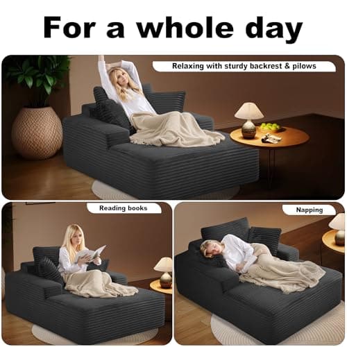 Dark Grey Oversized Faux Fur Chaise Lounge for Living Room - Comfy Backrest & 3 Pillows