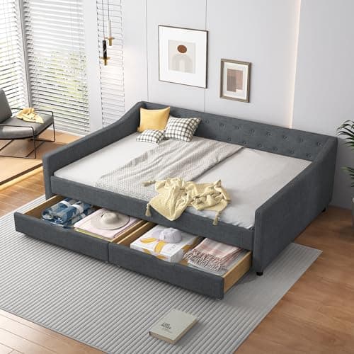 Light Grey Twin Daybed with Trundle and Button Tufted Upholstery