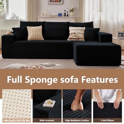 107" Black Right-Facing Chaise Modern Corduroy L-Shaped Sofa