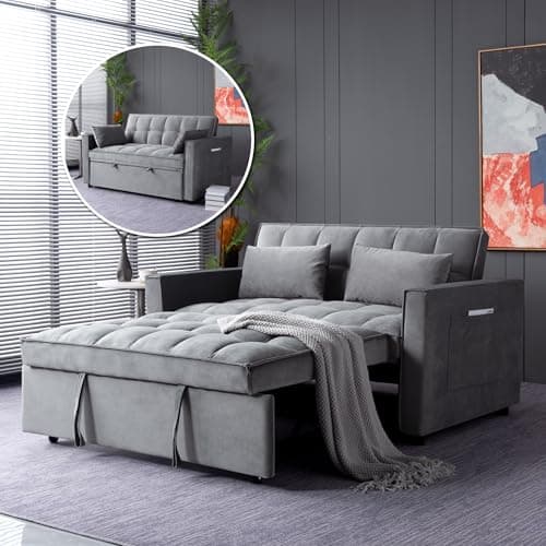 55" Convertible Velvet Sleeper Sofa Bed with Storage | Grey