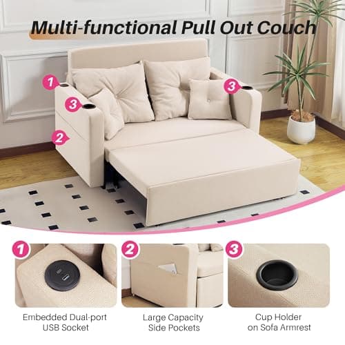Redlife 55" Pull-Out Couch Bed, Beige, 3-in-1 Sleeper Sofa