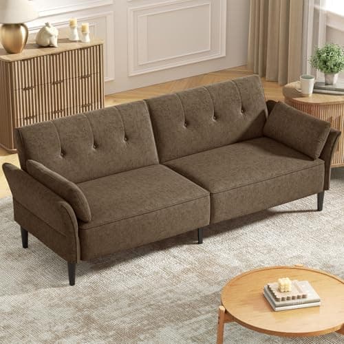 Modern 89 Velvet Futon Sofa Bed with Pillows - Beige Color