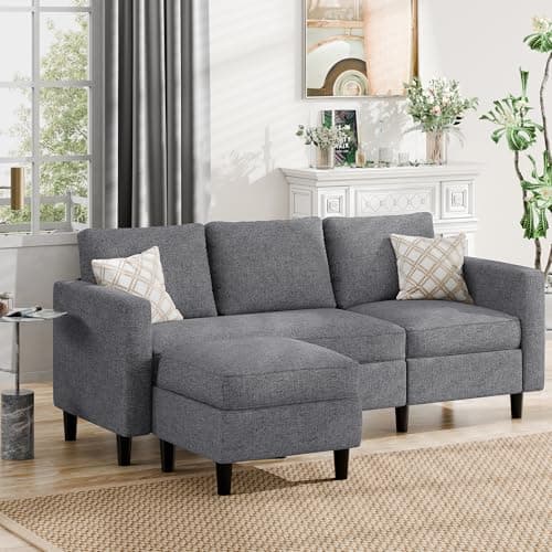 JAMFLY Dark Grey L Shaped Sectional Sofa with Ottoman for Small Living Rooms