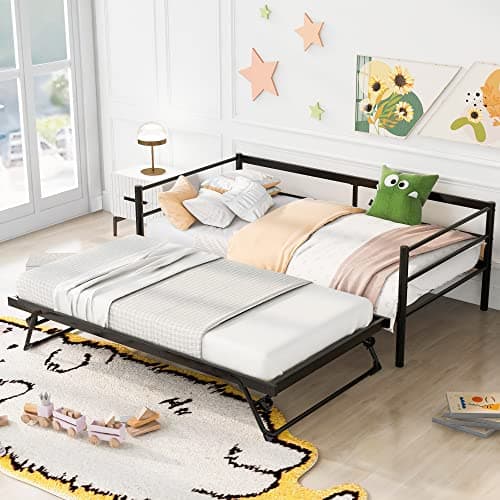 Merax Twin Size Adjustable Metal Daybed with Pop Up Trundle, Steel Slats Support, Silver