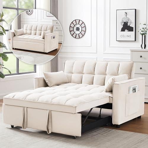 3 in 1 Convertible Sleeper Sofa Bed, Black Velvet Living Room Couch with Side Pocket | Adjustable Backrest