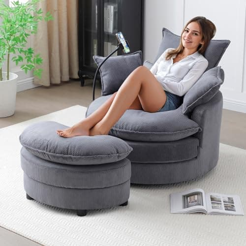 Modern Green Swivel Chair with Phone Holder & Storage Ottoman, Corduroy Upholstered