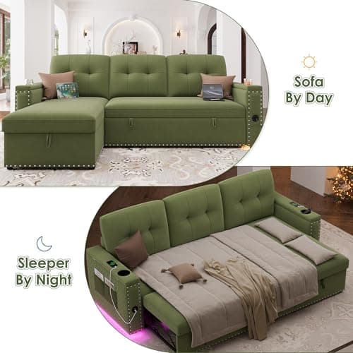 HIFIT 87 L-Shaped Sleeper Sofa Bed with Storage, LED Light, USB Port & Cupholder - Modern Green Velvet Sectional for Living Room