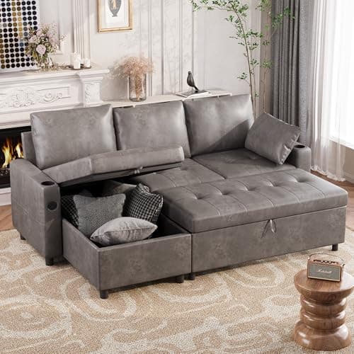 Brown L-Shaped Reversible Storage Sleeper Sofa with Pullout Bed