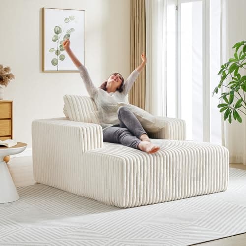 Beige Oversized Chaise Lounge Chair with Armrests & Pillows, Modern Couch for Living Room, Bedroom, Office