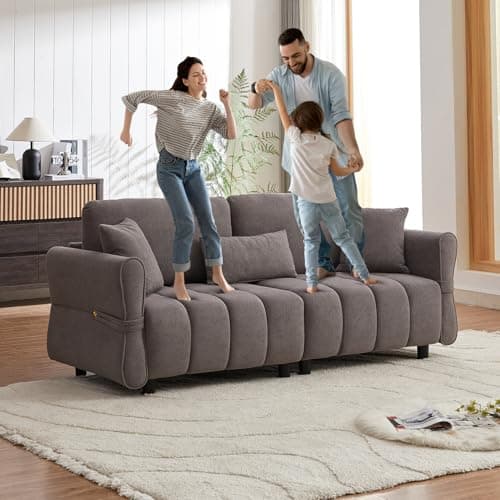 80-inch Grey Cloud Couch, Soft Chenille 3-Seater Sofa with Throw Pillows