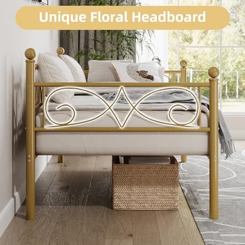 Modern Gold Metal Day Bed with Floral Headboard, Heavy Duty Steel Slats Supports