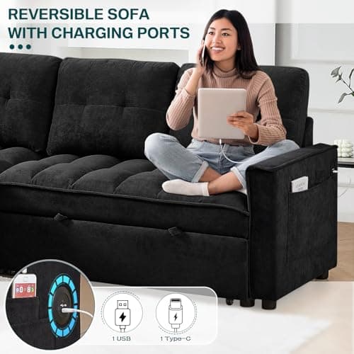 Reversible L-Shaped Sleeper Sofa Couch, Black with Storage & USB Ports