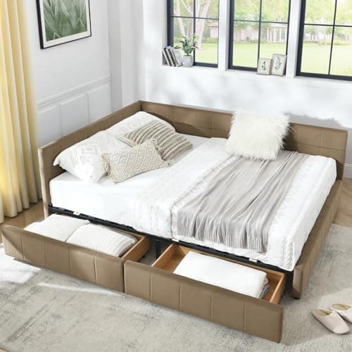 Antetek Modern Tufted Velvet Full Daybed with Storage Drawers, Blue