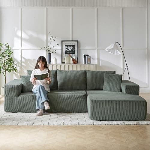 3 Seater Grey L Shaped Modular Sofa with Chaise & 5 Pillows for Living Room