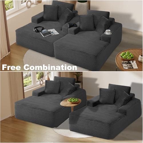 Dark Grey Oversized Faux Fur Chaise Lounge for Living Room - Comfy Backrest & 3 Pillows