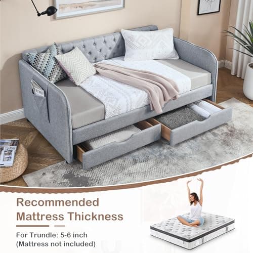Modern Upholstered Daybed with Trundle Bed: Twin to King, Storage Drawer, Grey