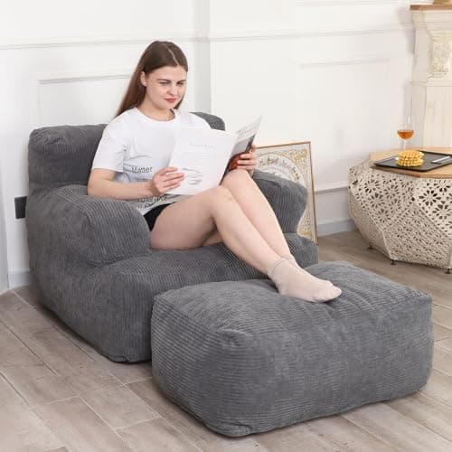 Bean Bag Sofa Chair with Ottoman and Throw Pillow for Adults