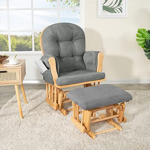 Nursery Glider & Ottoman Set, Reclining Rocker with Padded Arms - White, Dark Gray