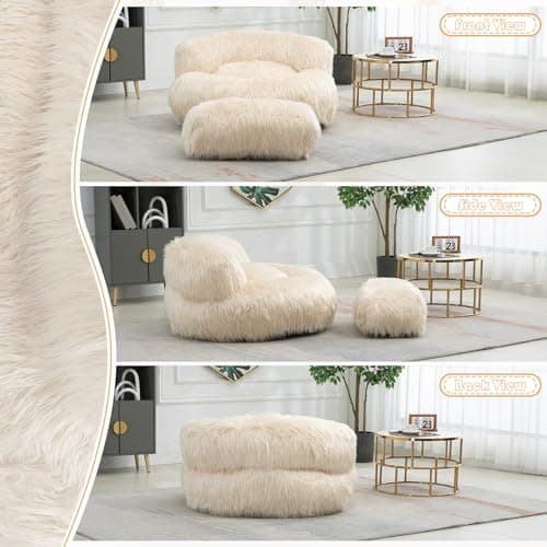 Modern Fluffy Bean Bag Chair with Ottoman, Beige