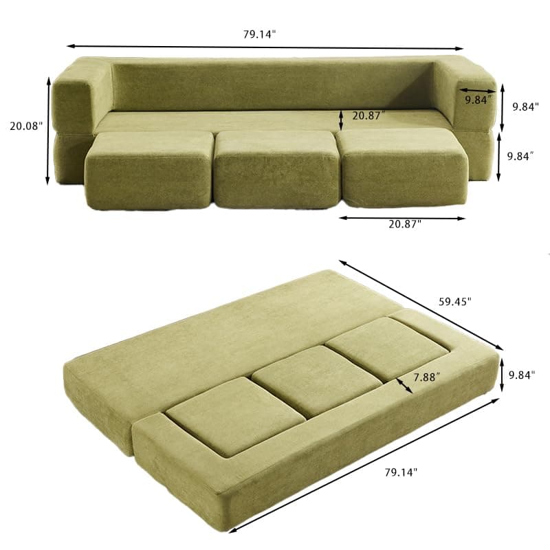 Boneless Convertible SofaBed with Ottomans - Green