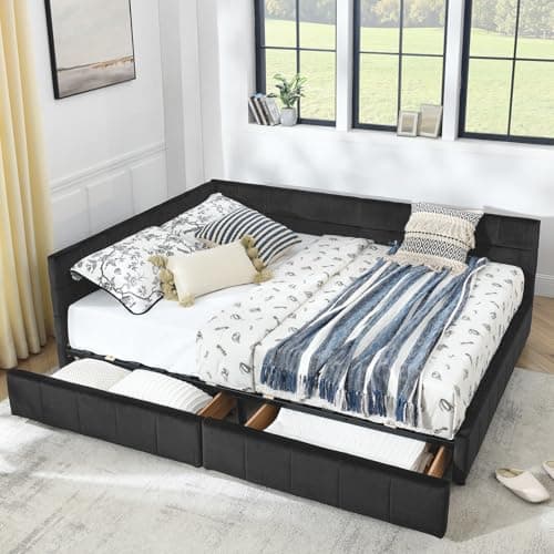 Antetek Modern Tufted Velvet Full Daybed with Storage Drawers, Blue