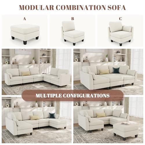 Beige 6 Seater Modular Sleeper Sofa, Comfortable Sectional Couch Bed